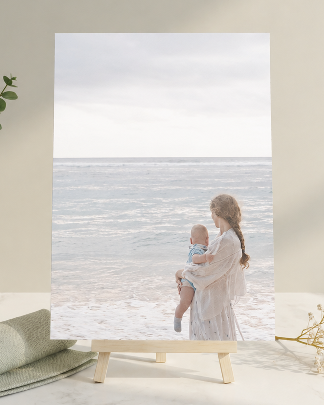Custom notepad mockup featuring a photo of a woman and child at the beach displayed on a wood canvas holder, shown in a warm, natural lifestyle setting.