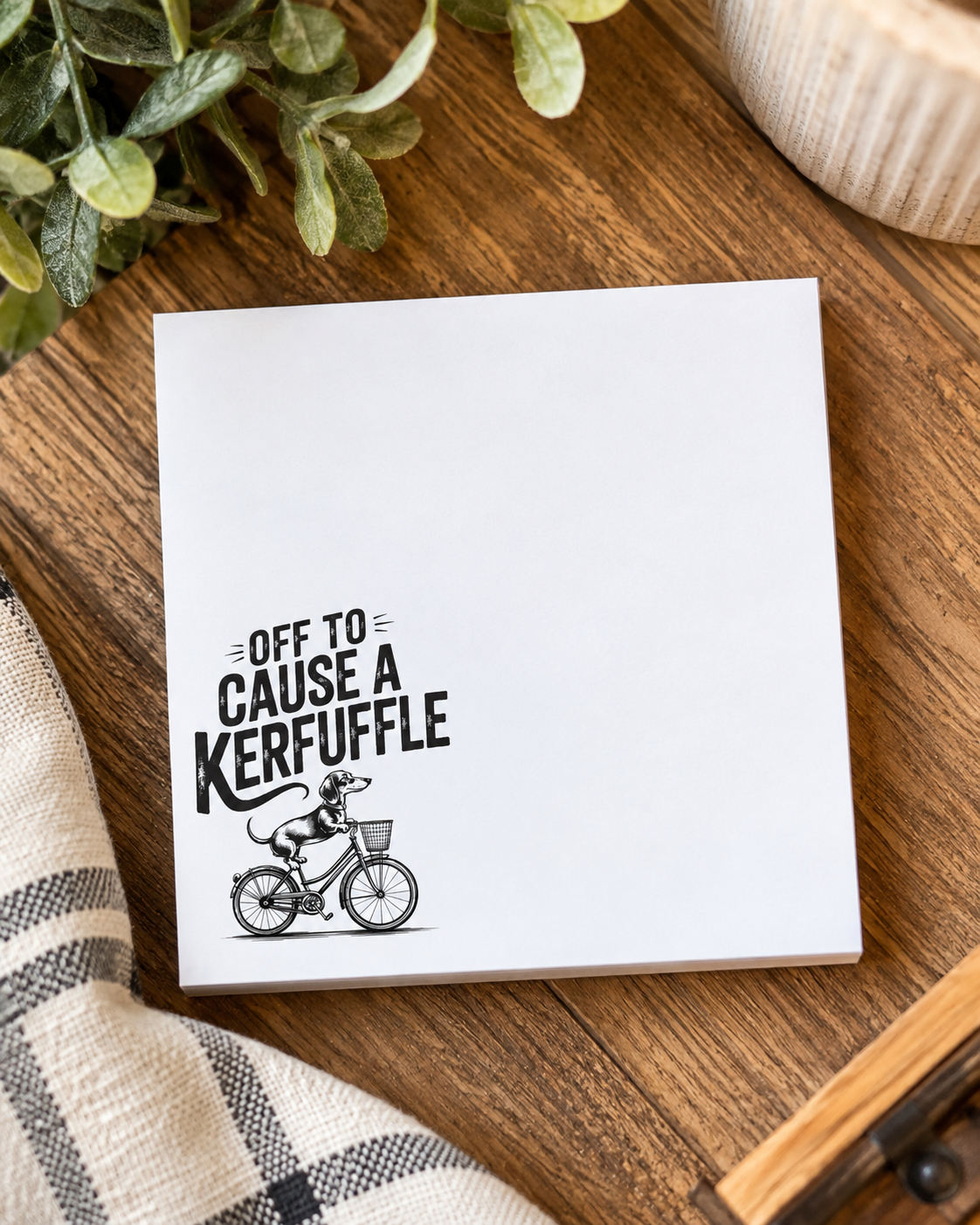 4x4 white notepad featuring a black dachshund riding a bicycle with the phrase “Off to Cause a Kerfuffle.”