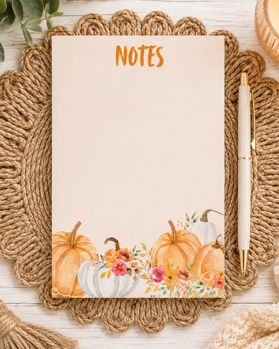 A 4x6 fall themed notepad with Notes at the top and watercolor pumpkins and flowers at the top placed on a wicker placemat with pen.

