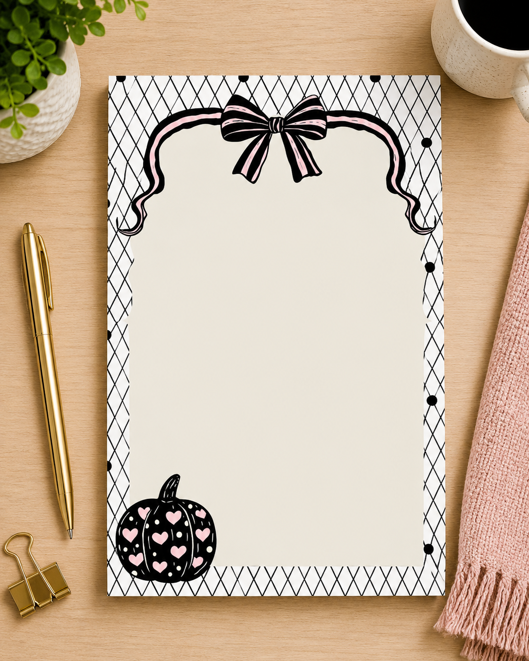 A 4x6 notepad with a black and white harlequin patterned border, featuring a black bow illustration at the top and a black pumpkin with pink hearts at the bottom, displayed on a light wood desk with a gold pen, binder clip, plant, and cup.