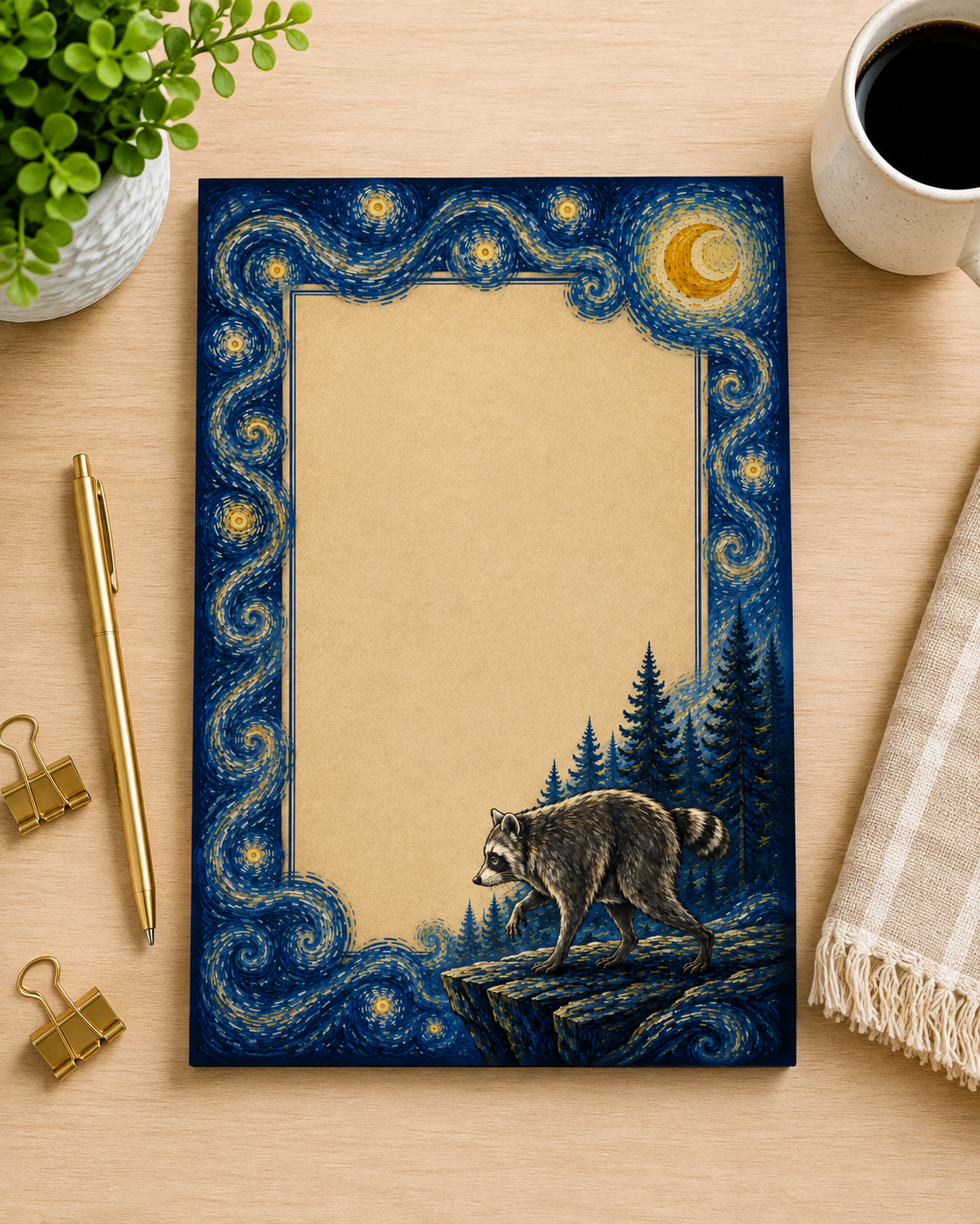 A decorative notepad with a swirling starry night border, a crescent moon, pine trees, and Jimothy the raccoon standing on a cliff, placed on a wooden desk with a plant, coffee cup, pen, binder clips, and a folded cloth nearby.