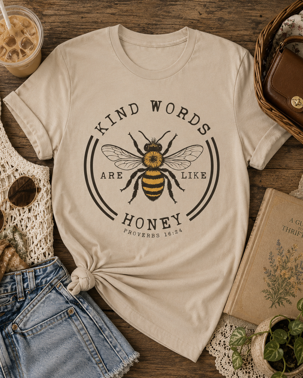 Kind Words Are Like Honey graphic Sand colored tee featuring a vintage-inspired bumblebee design and Proverbs 16:24, styled in a cozy cottagecore flat lay.
