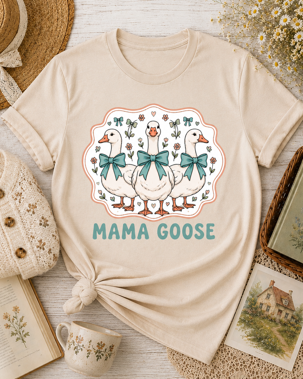 Mama Goose graphic tee featuring three geese with blue bows and floral details on a soft tan shirt.