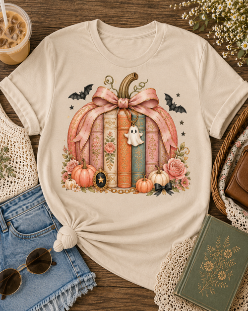 Sand-colored T-shirt featuring a vintage Halloween design with stacked books, a pink bow, pumpkins, florals, bats, and a small ghost charm.