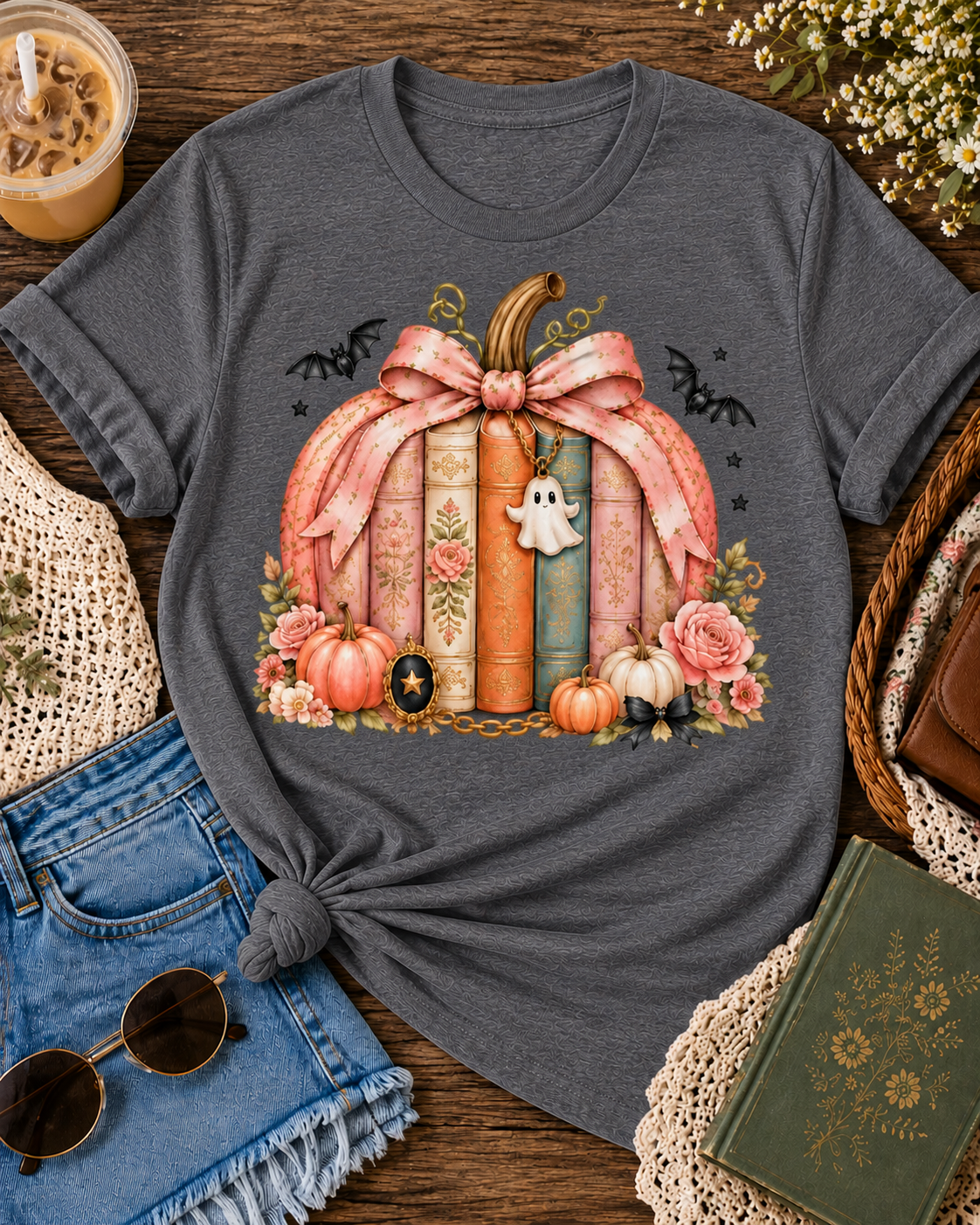 A dark heather gray graphic t-shirt featuring a detailed autumn illustration of stacked books, pumpkins, a pink bow, a small ghost, and bats. The shirt is styled in a flat-lay arrangement on a wooden table alongside denim shorts, sunglasses, an iced coffee, and a green book.