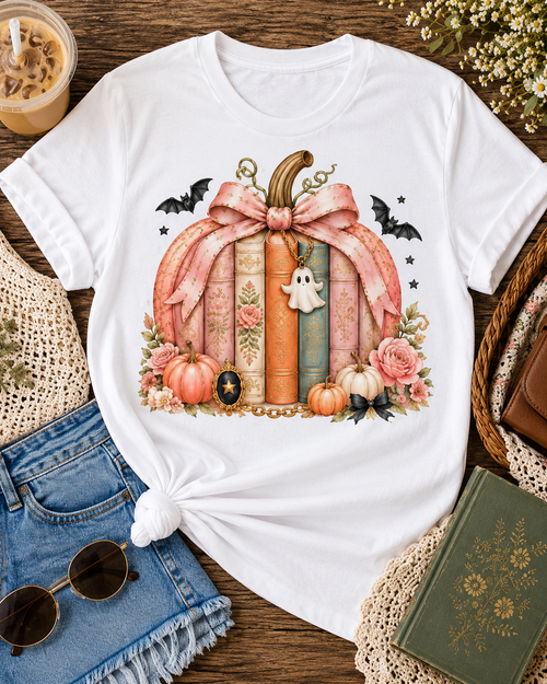 A white short-sleeve T-shirt laid flat on a rustic wooden surface, styled with jeans, sunglasses, an iced coffee, flowers, and a book. The shirt features a large autumn-themed graphic of stacked books forming a pumpkin shape, tied with a pink bow, with pumpkins, roses, bats, and a small ghost charm.