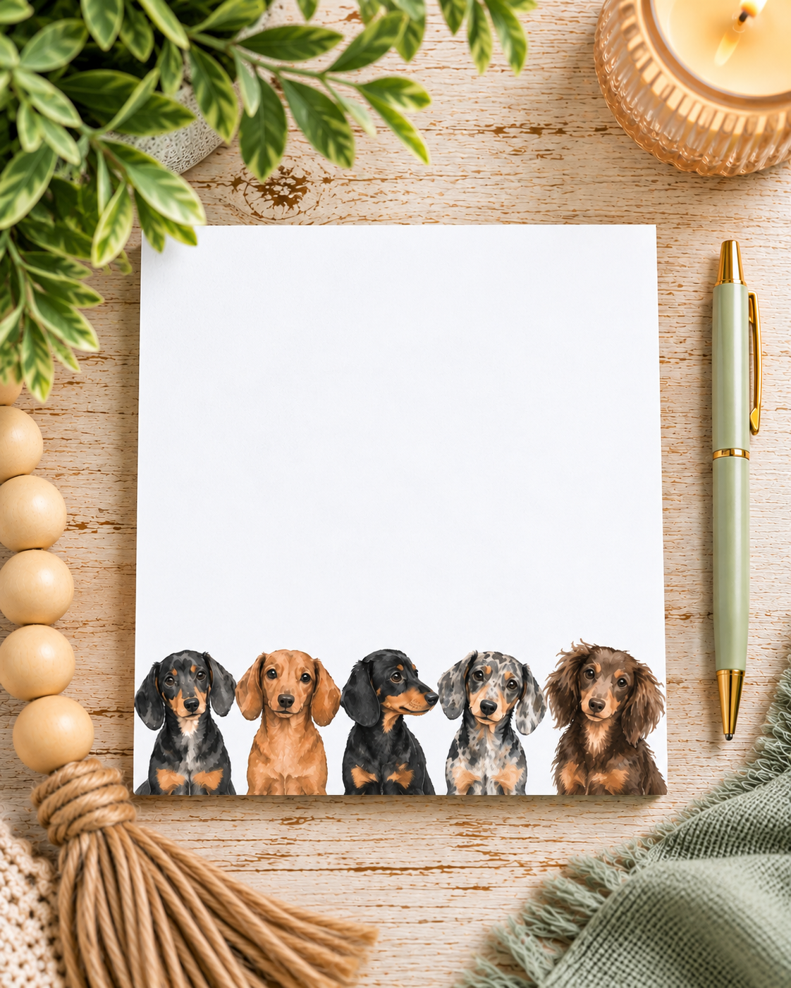 A white notepad with a row of five dachshund illustrations along the bottom edge, styled on a wooden surface with a green pen, candle, beads, leaves, and a tassel.
