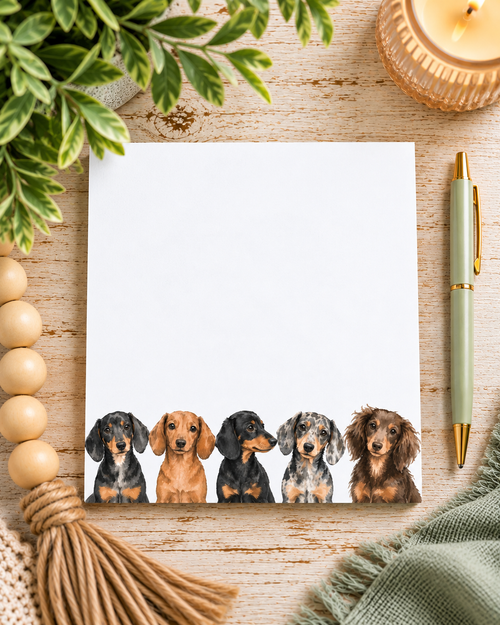 A white notepad with a row of five dachshund illustrations along the bottom edge, styled on a wooden surface with a green pen, candle, beads, leaves, and a tassel.