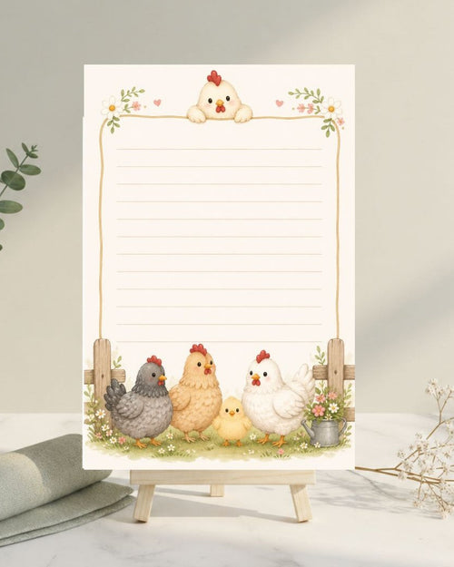 Notepad with cartoon chickens on a stand next to a vase and fabric on a light surface.