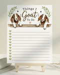 5x7 Notepad with 'Things I Goat To Do' text and illustrations of Boer goats on a white surface with decorative elements such as lines with sage colored hearts. 