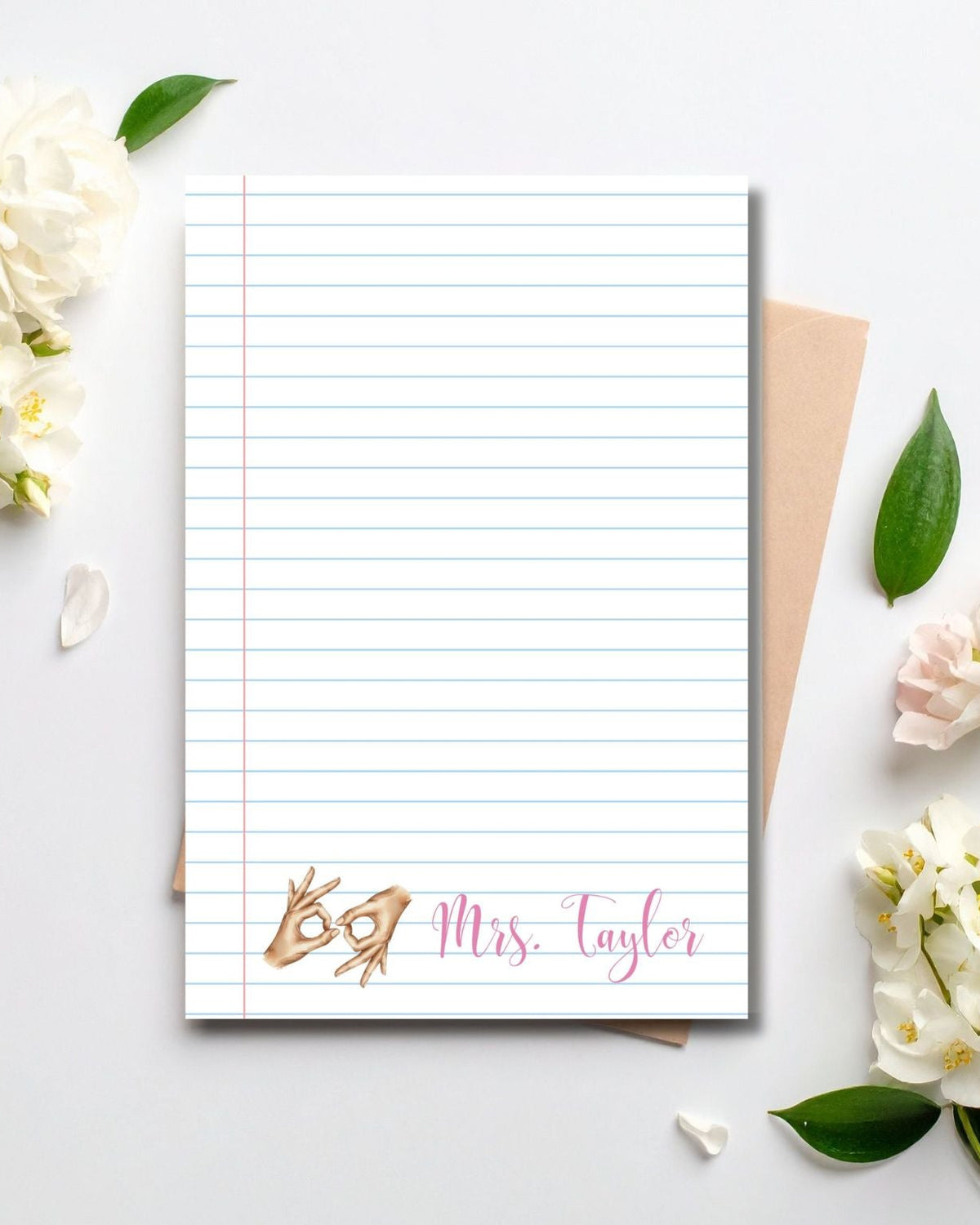 4x6 Notepad with  lines, personalized with name and graphic showcasing interpreting hands. 