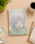 A 4x6 notepad featuring a soft-focus photograph of a black-and-tan puppy lying in green grass, styled on a light wood desk with a cup of coffee, plant, pen, paper clips, and a cloth napkin.