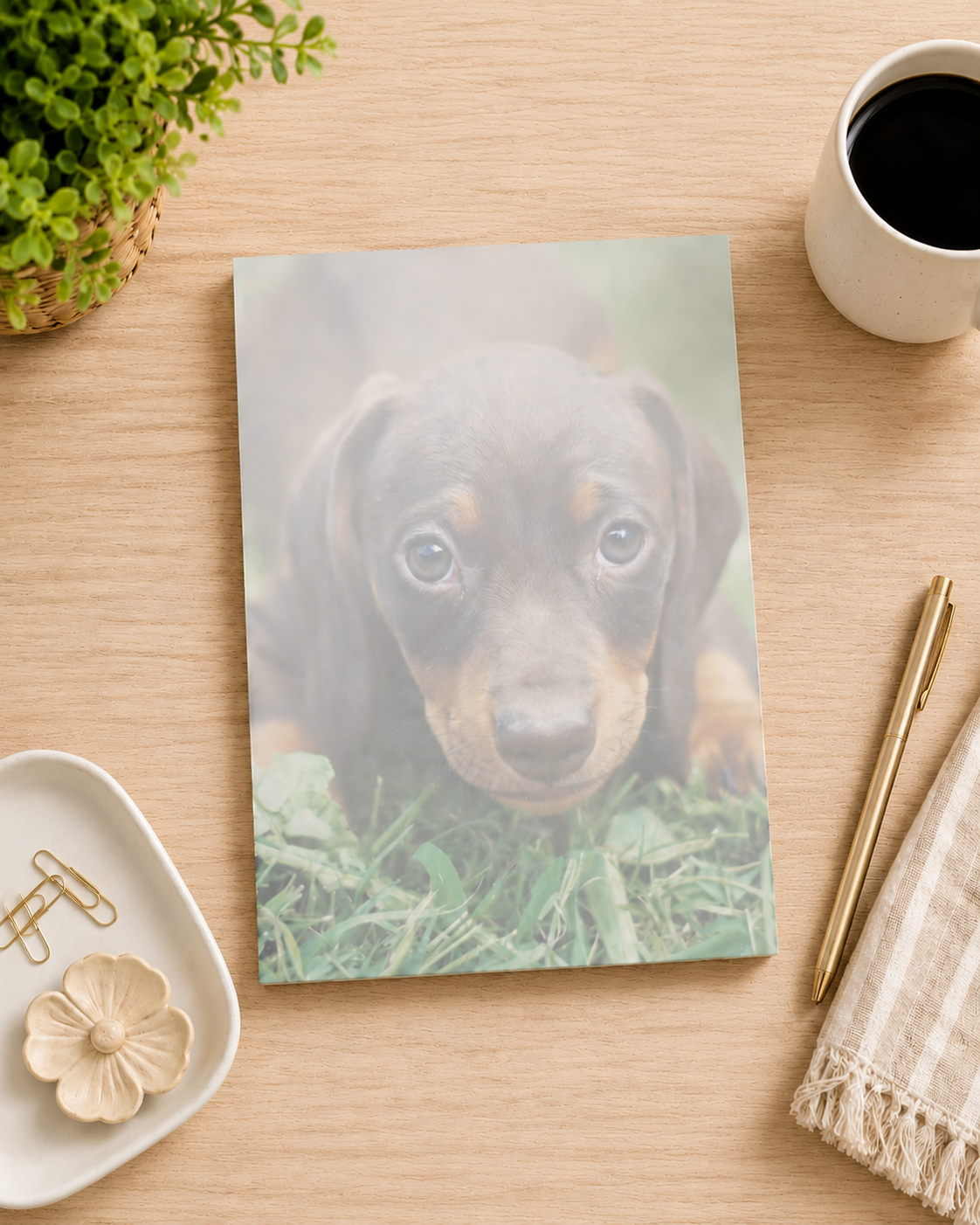 A 4x6 notepad featuring a soft-focus photograph of a black-and-tan puppy lying in green grass, styled on a light wood desk with a cup of coffee, plant, pen, paper clips, and a cloth napkin.
