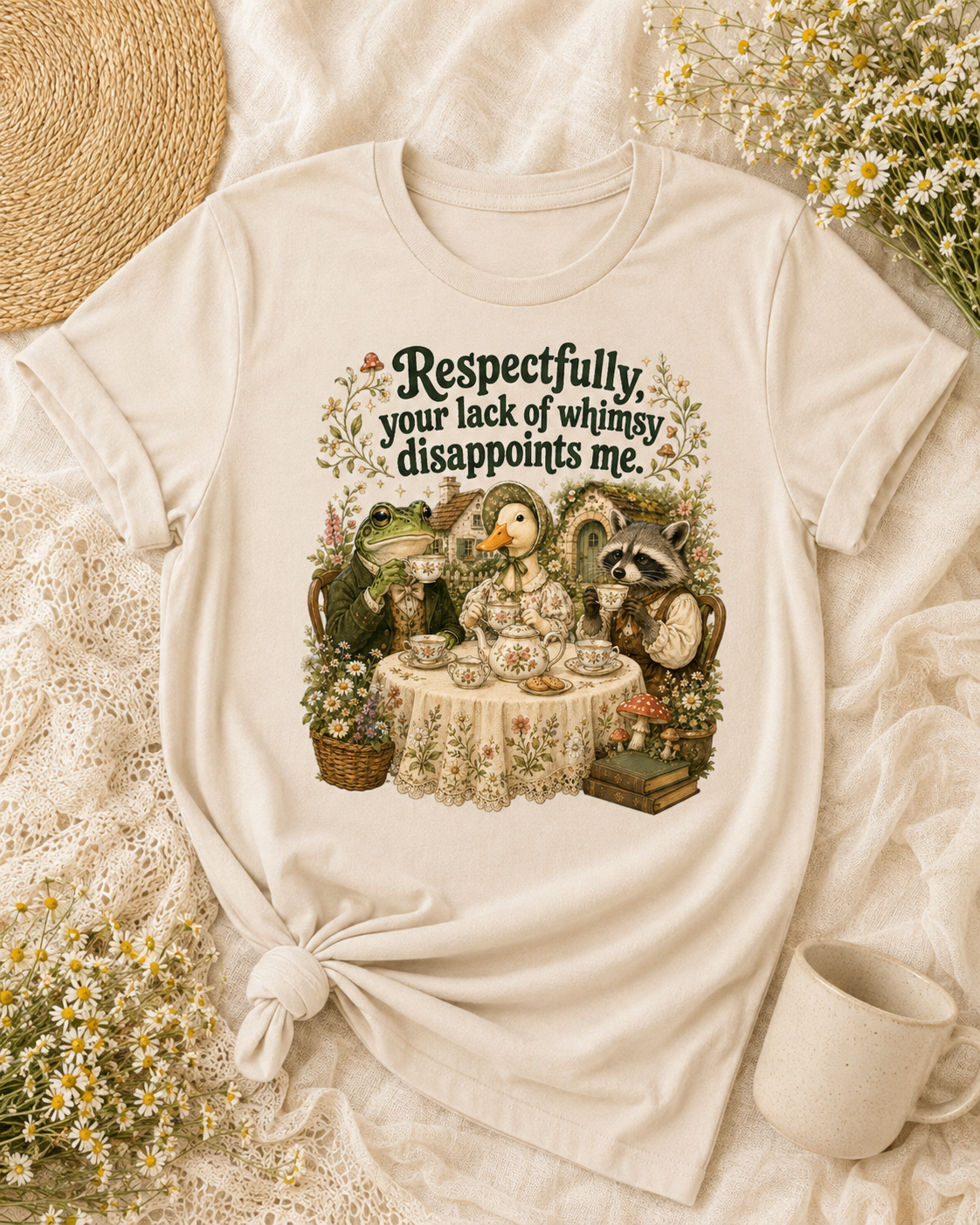 A cream-colored graphic t-shirt featuring a whimsical tea-time scene with animals and the text 'Respectfully, your lack of whimsy disappoints me.' The shirt is styled in a flat-lay arrangement with a knotted hem, surrounded by daisies, a woven straw hat, and a ceramic mug.