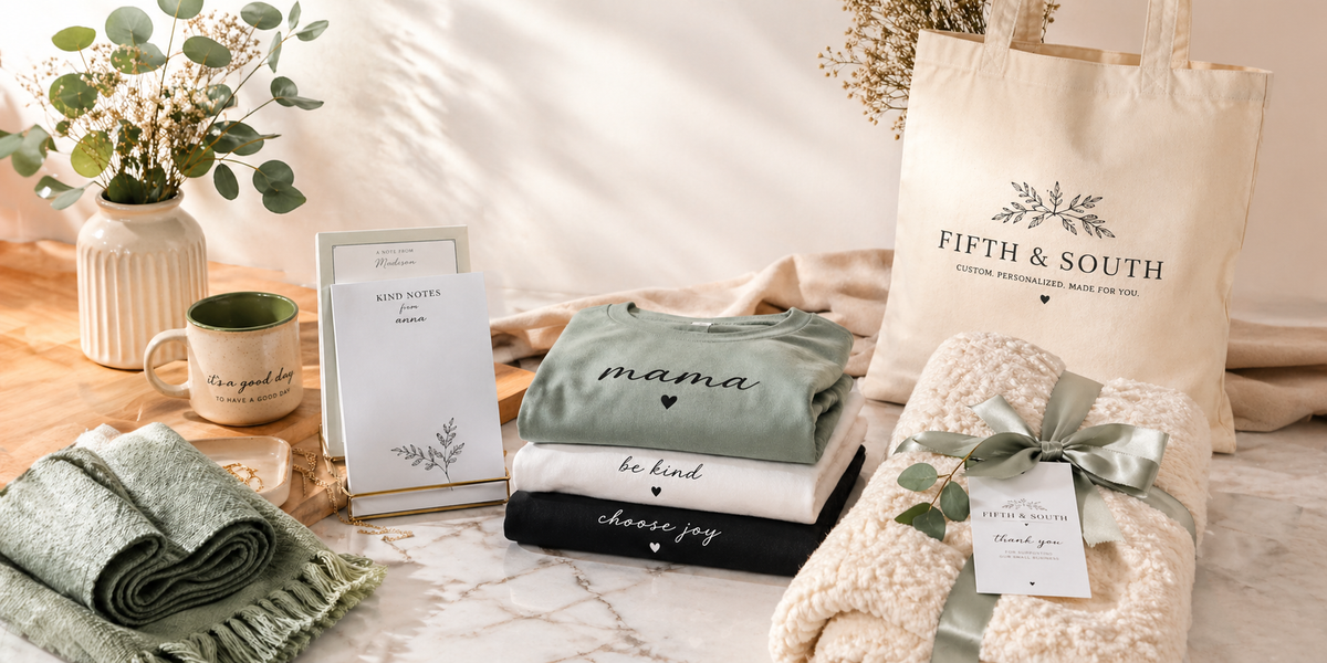 Fifth & South branded products including towels, a mug, and a tote bag on a wooden surface.